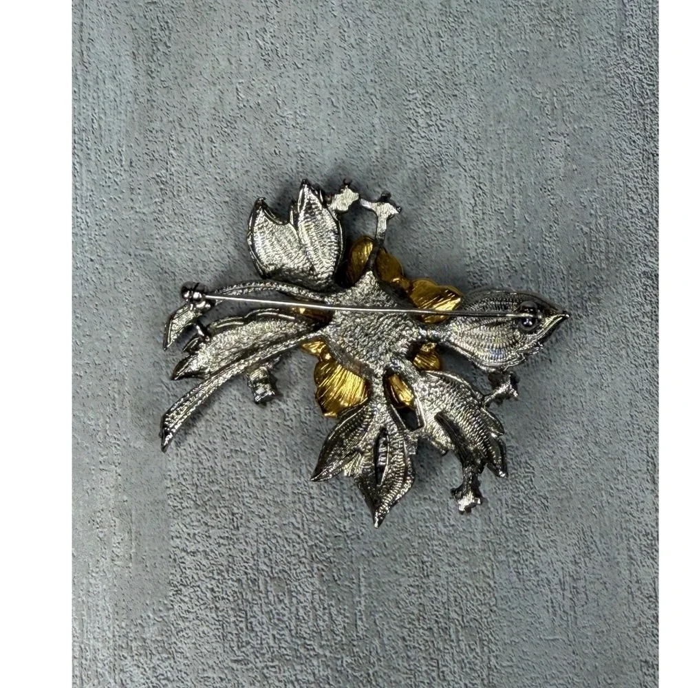 Vintage AVON Floral Brooch Earrings Set Gold Silver Tone Red Rhinestone Enamel